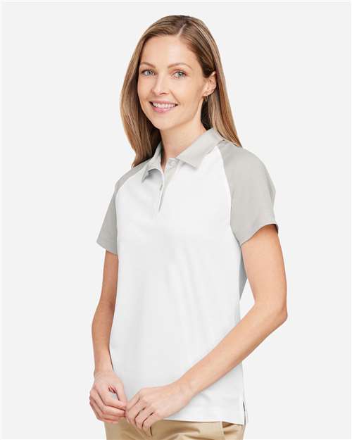 Team 365 TT21CW Women's Command Snag-Protection Colorblock Polo - White/ Sport Silver - model side