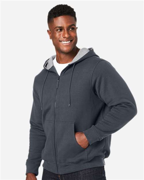 Harriton M711T Unisex Tall ClimaBloc Lined Heavyweight Hooded Sweatshirt - Dark Charcoal - model side