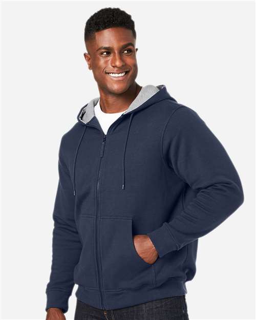 Harriton M711T Unisex Tall ClimaBloc Lined Heavyweight Hooded Sweatshirt - Dark Navy - model side