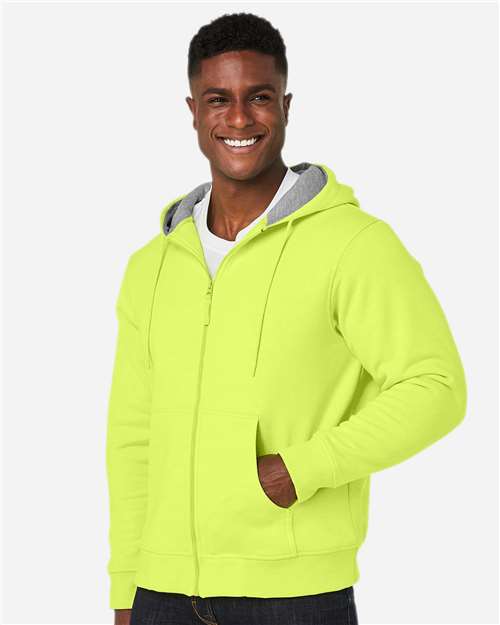 Harriton M711T Unisex Tall ClimaBloc Lined Heavyweight Hooded Sweatshirt - Safety Yellow - model side