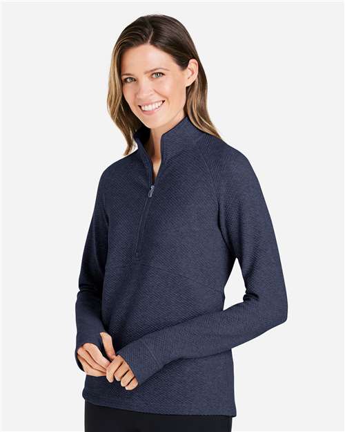 North End NE725W Women's Spirit Textured Quarter-Zip Pullover - Classic Navy Heather - model side