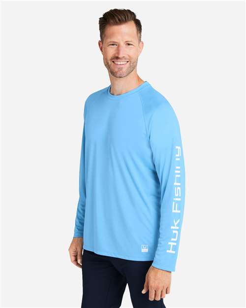 HUK H12L009 Men's LoPro Pursuit Long Sleeve T-Shirt - Marolina Blue - model side