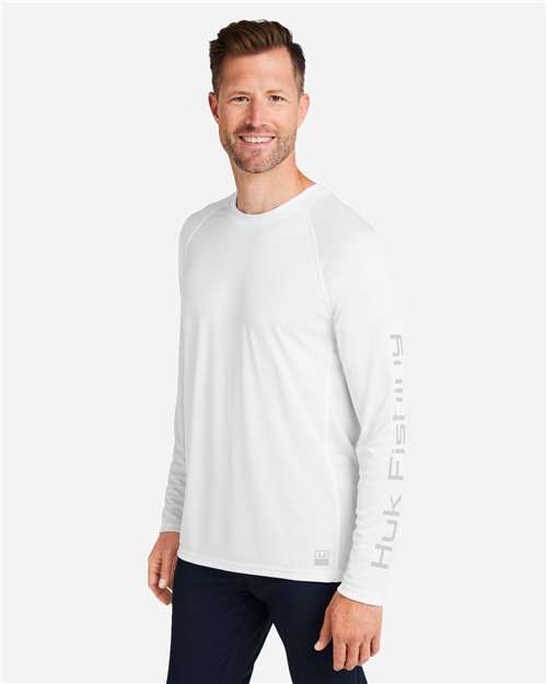 HUK H12L009 Men's LoPro Pursuit Long Sleeve T-Shirt - White - model side