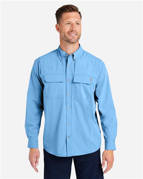HUK H150184 Men's Creekbed Pocket Fishing Shirt - Marolina Blue - model front