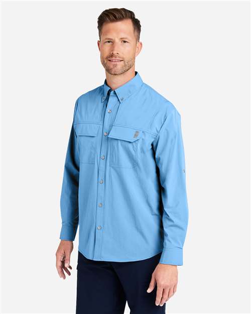HUK H150184 Men's Creekbed Pocket Fishing Shirt - Marolina Blue - model side