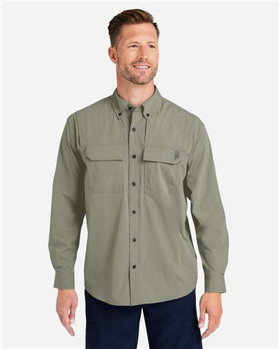 HUK H150184 Men's Creekbed Pocket Fishing Shirt - Moss - model front