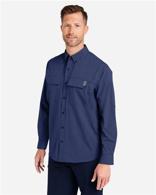 HUK H150184 Men's Creekbed Pocket Fishing Shirt - Naval Academy - model side