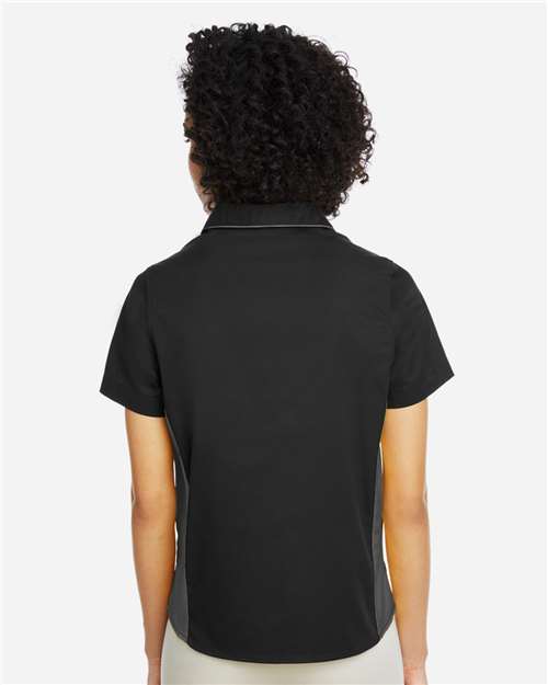 Harriton M586W Women's Flash IL Colorblock Shirt - Black/ Dark Charcoal - model back