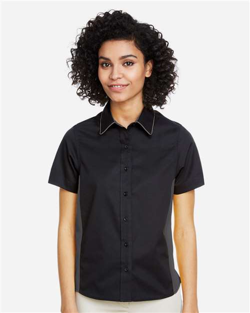Harriton M586W Women's Flash IL Colorblock Shirt - Black/ Dark Charcoal - model front