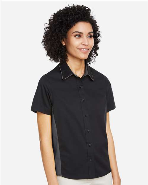 Harriton M586W Women's Flash IL Colorblock Shirt - Black/ Dark Charcoal - model side