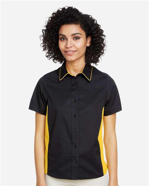Harriton M586W Women's Flash IL Colorblock Shirt - Black/ Sunray Yellow - model front