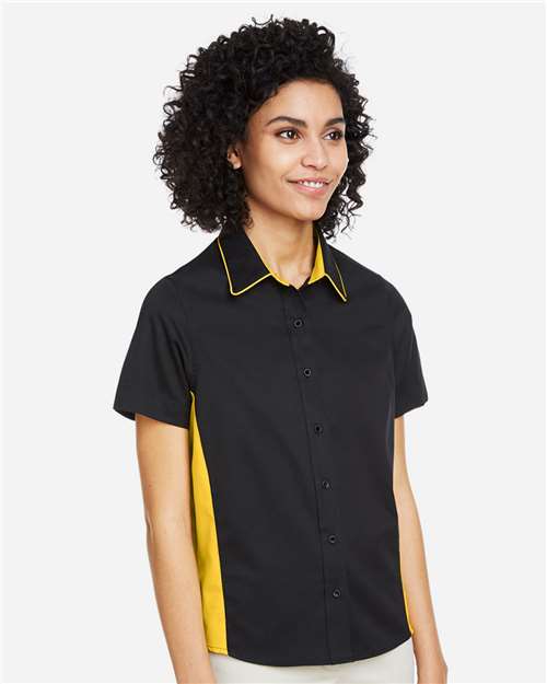 Harriton M586W Women's Flash IL Colorblock Shirt - Black/ Sunray Yellow - model side