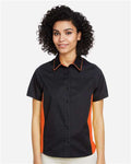 Harriton M586W Women's Flash IL Colorblock Shirt - Black/ Team Orange - model front