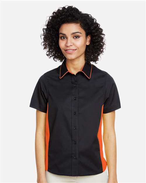 Harriton M586W Women's Flash IL Colorblock Shirt - Black/ Team Orange - model front