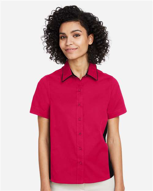 Harriton M586W Women's Flash IL Colorblock Shirt - Red/ Black - model front