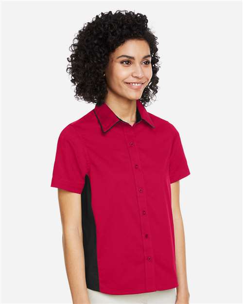Harriton M586W Women's Flash IL Colorblock Shirt - Red/ Black - model side