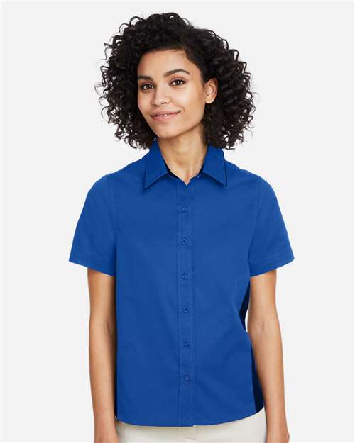 Harriton M586W Women's Flash IL Colorblock Shirt - True Royal/ Black - model front