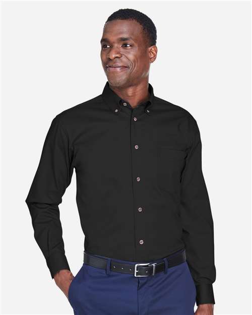 Harriton M500T Men's Tall Easy Blend Twill Dress Shirt - Black - model front