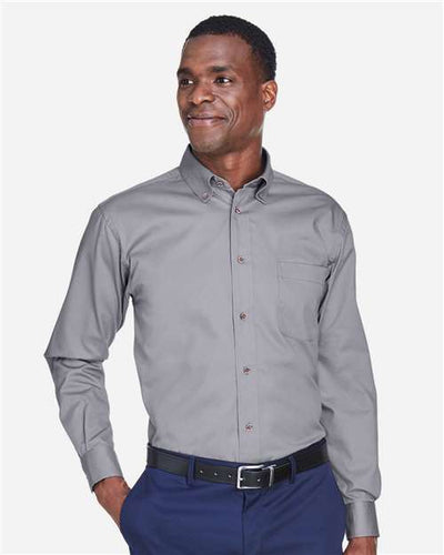Harriton M500T Men's Tall Easy Blend Twill Dress Shirt - Dark Grey - model front