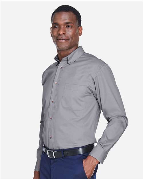 Harriton M500T Men's Tall Easy Blend Twill Dress Shirt - Dark Grey - model side