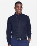 Harriton M500T Men's Tall Easy Blend Twill Dress Shirt - Navy - model front