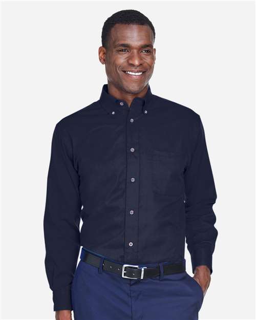Harriton M500T Men's Tall Easy Blend Twill Dress Shirt - Navy - model front