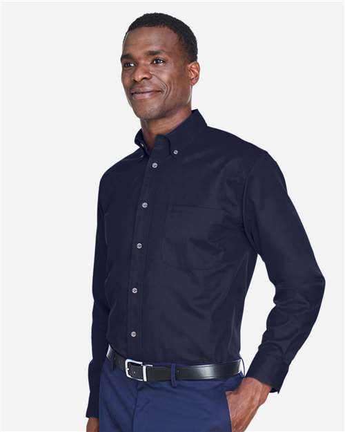 Harriton M500T Men's Tall Easy Blend Twill Dress Shirt - Navy - model side