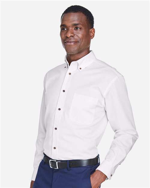 Harriton M500T Men's Tall Easy Blend Twill Dress Shirt - White - model side
