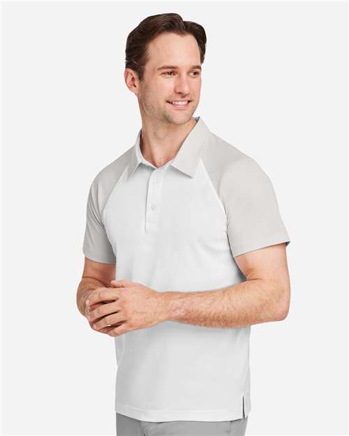 Team 365 TT21C Men's Command Snag-Protection Colorblock Polo - White/ Sport Silver - model side