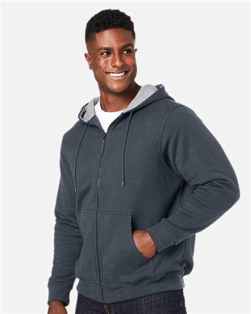 Harriton M711 Unisex ClimaBloc Lined Heavyweight Hooded Sweatshirt - Dark Charcoal - model side
