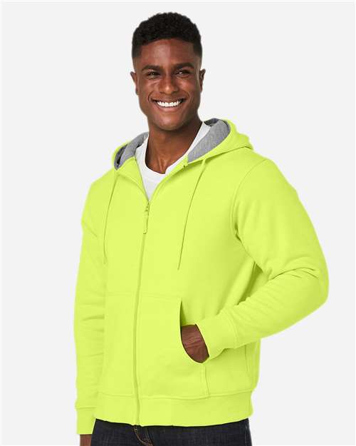 Harriton M711 Unisex ClimaBloc Lined Heavyweight Hooded Sweatshirt - Safety Yellow - model side