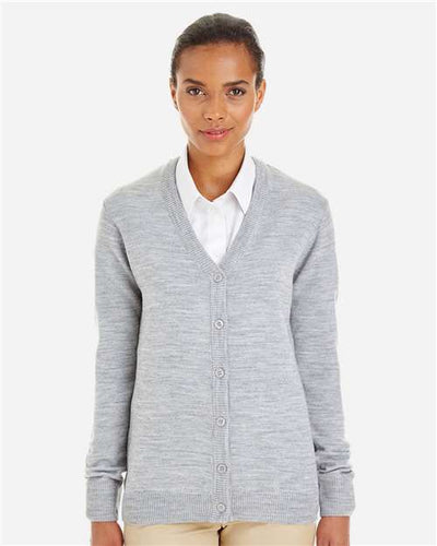 Harriton M425W Women's Pilbloc V-Neck Button Cardigan Sweater - Grey Heather - model front