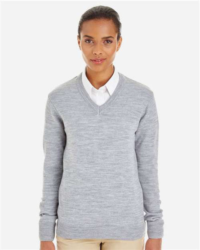 Harriton M420W Women's Pilbloc V-Neck Sweater - Grey Heather - model front