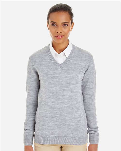 Harriton M420W Women's Pilbloc V-Neck Sweater - Grey Heather - model front