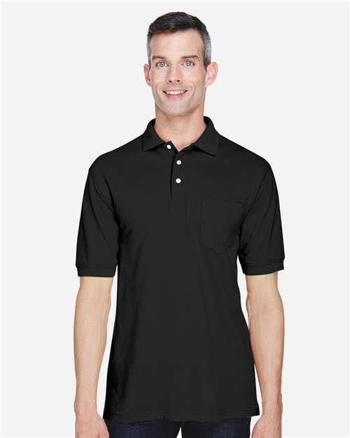 Harriton M265P Men's Easy Blend Polo with Pocket - Black - model front