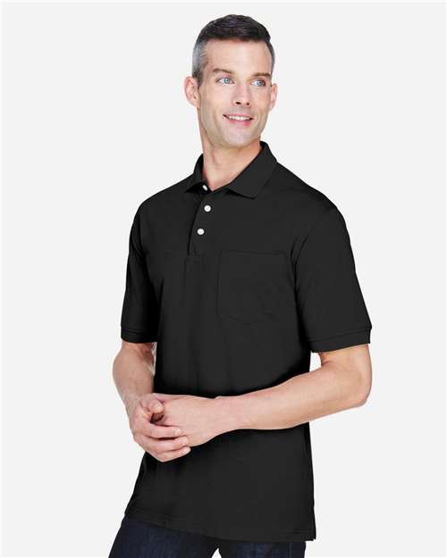 Harriton M265P Men's Easy Blend Polo with Pocket - Black - model side