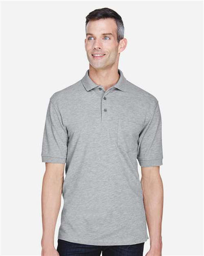 Harriton M265P Men's Easy Blend Polo with Pocket - Grey Heather - model front