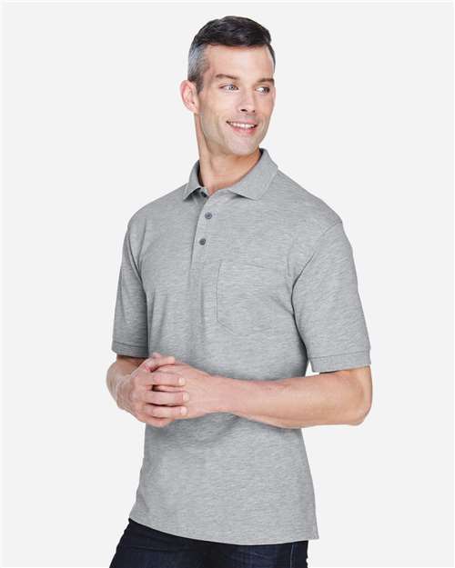 Harriton M265P Men's Easy Blend Polo with Pocket - Grey Heather - model side