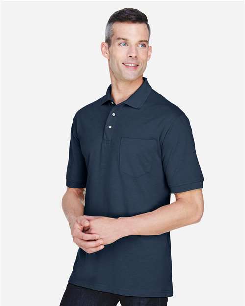 Harriton M265P Men's Easy Blend Polo with Pocket - Navy - model side