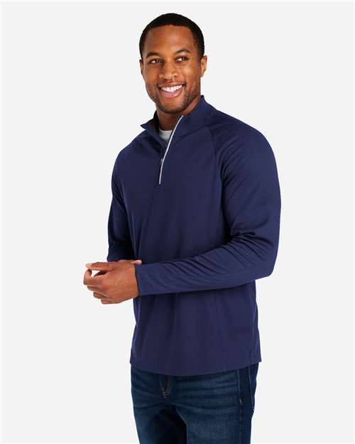 Core 365 CE418 Men's Origin Performance Pique Quarter-Zip Pullover - Classic Navy Heather/ Carbon - model side