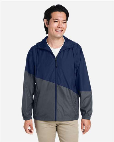 Core 365 CE710 Unisex Techno Lite Colorblock Windbreaker - Classic Navy Heather/ Carbon - model front