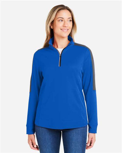 Core 365 CE404W Women's Market Snag Protect Mesh Colorblock Quarter-Zip Pullover - True Royal/ Carbon - model front