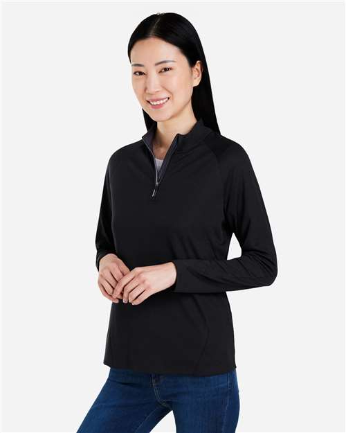 Core 365 CE418W Women's Origin Performance Pique Quarter-Zip Pullover - Black/ Carbon - model side