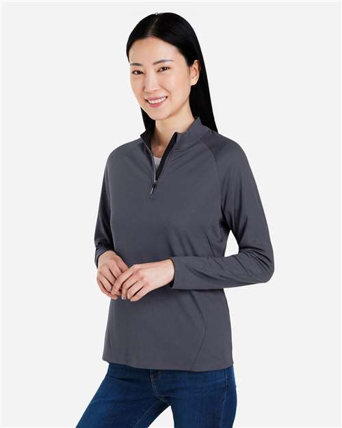 Core 365 CE418W Women's Origin Performance Pique Quarter-Zip Pullover - Carbon/ Black - model side