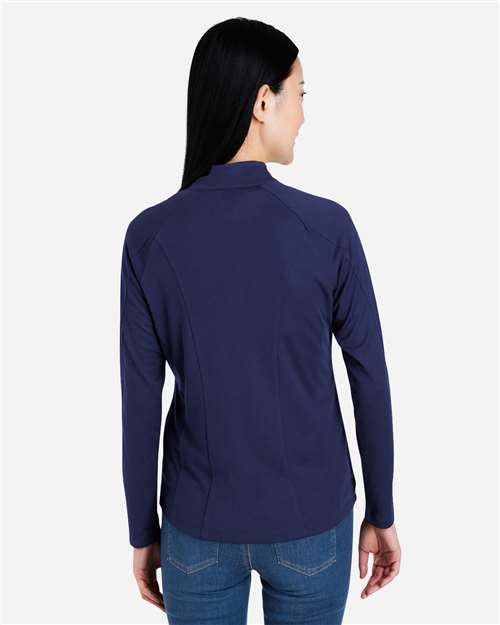 Core 365 CE418W Women's Origin Performance Pique Quarter-Zip Pullover - Classic Navy Heather/ Carbon - model back