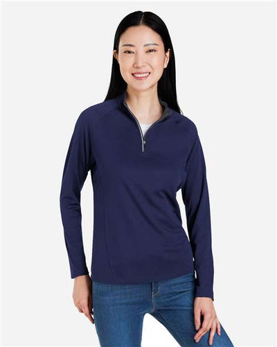 Core 365 CE418W Women's Origin Performance Pique Quarter-Zip Pullover - Classic Navy Heather/ Carbon - model front