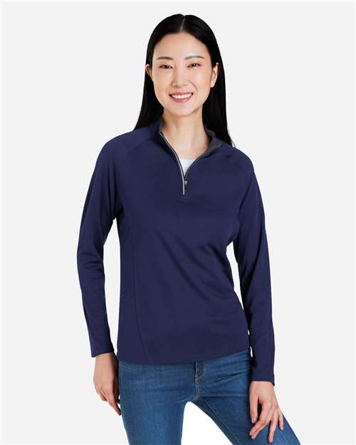 Core 365 CE418W Women's Origin Performance Pique Quarter-Zip Pullover - Classic Navy Heather/ Carbon - model front