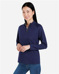 Core 365 CE418W Women's Origin Performance Pique Quarter-Zip Pullover - Classic Navy Heather/ Carbon - model side
