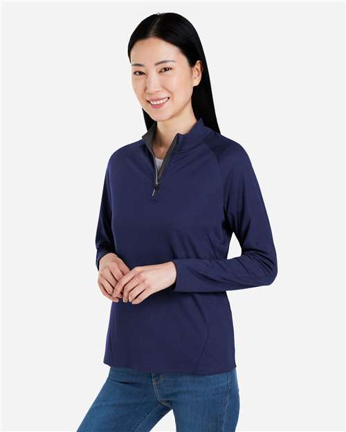 Core 365 CE418W Women's Origin Performance Pique Quarter-Zip Pullover - Classic Navy Heather/ Carbon - model side