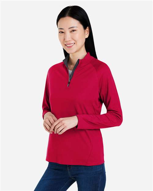 Core 365 CE418W Women's Origin Performance Pique Quarter-Zip Pullover - Classic Red/ Carbon - model side